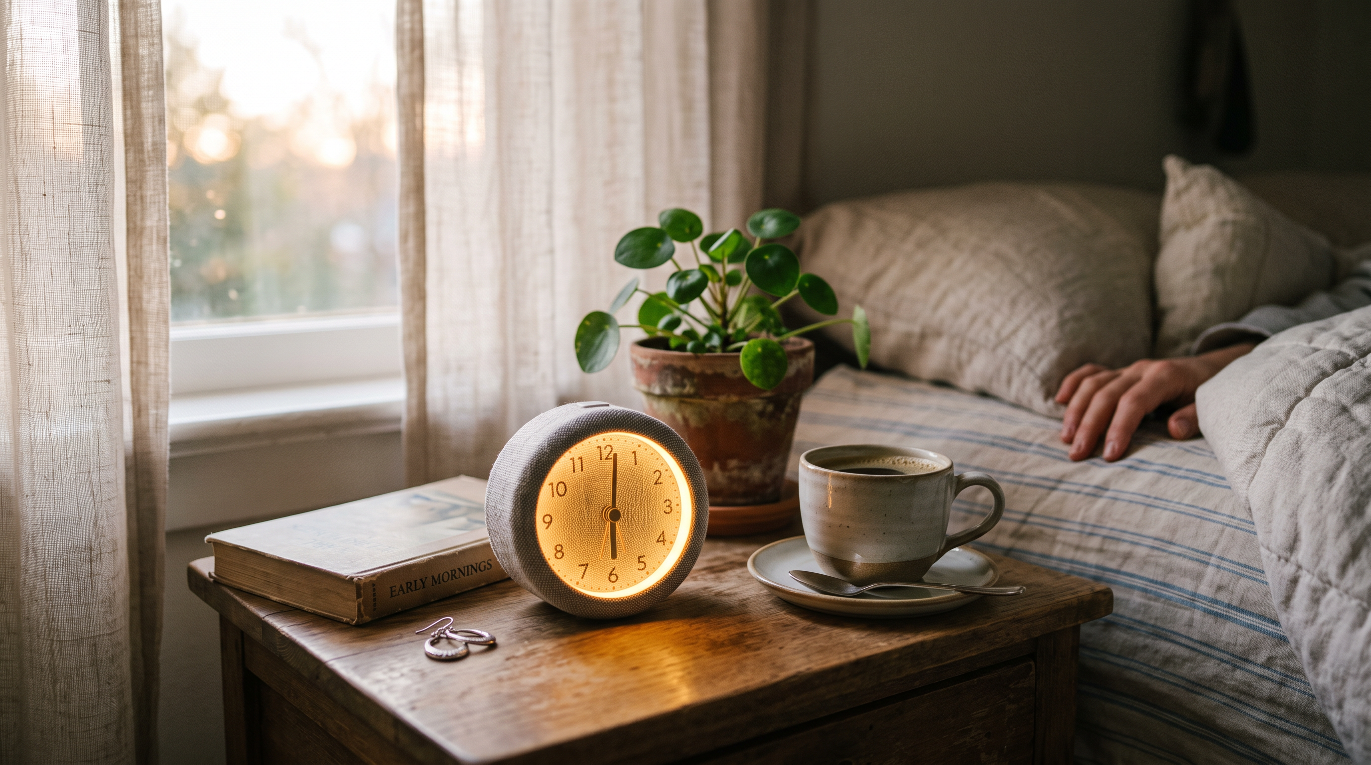 HyberLamp on a bedside table at dawn